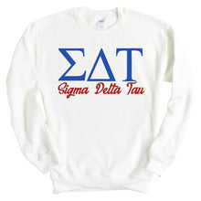 Load image into Gallery viewer, Sigma Delta Tau Sweatshirt | Sig Delt Red and Blue Crewneck Sweatshirt | Sigma Delta Tau Sorority Gift Idea - Kite and Crest