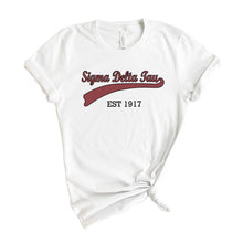 Load image into Gallery viewer, Sigma Delta Tau T-Shirt | Sig Delt Baseball Shirt | Sigma Delta Tau Sorority Gift Idea - Kite and Crest