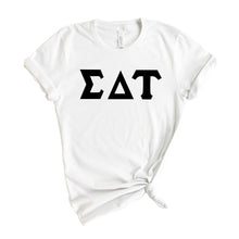 Load image into Gallery viewer, Sigma Delta Tau T-Shirt | Sig Delt Basic Black Letters Shirt | Sigma Delta Tau Sorority Gift Idea - Kite and Crest