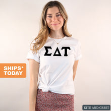 Load image into Gallery viewer, Sigma Delta Tau T-Shirt | Sig Delt Basic Black Letters Shirt | Sigma Delta Tau Sorority Gift Idea - Kite and Crest