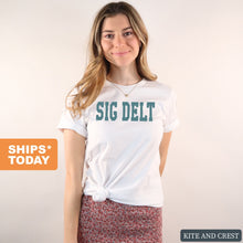 Load image into Gallery viewer, Sigma Delta Tau T-shirt - Sig Delt Blue Retro Tee - Kite and Crest