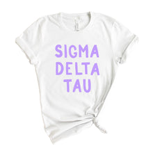 Load image into Gallery viewer, Sigma Delta Tau T-shirt - Sig Delt Purple Bubble Letters Tee - Kite and Crest