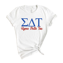 Load image into Gallery viewer, Sigma Delta Tau T-Shirt | Sig Delt Red and Blue Shirt | Sigma Delta Tau Sorority Gift Idea - Kite and Crest