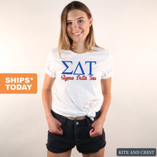 Load image into Gallery viewer, Sigma Delta Tau T-Shirt | Sig Delt Red and Blue Shirt | Sigma Delta Tau Sorority Gift Idea - Kite and Crest