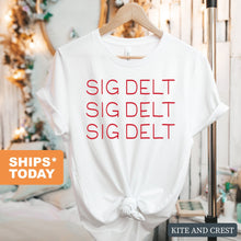 Load image into Gallery viewer, Sigma Delta Tau T-Shirt | Sig Delt Red and Stacked Shirt | Sigma Delta Tau Sorority Gift Idea - Kite and Crest