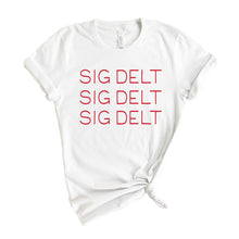 Load image into Gallery viewer, Sigma Delta Tau T-Shirt | Sig Delt Red and Stacked Shirt | Sigma Delta Tau Sorority Gift Idea - Kite and Crest