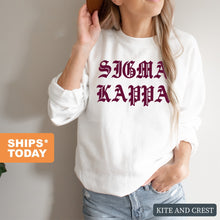Load image into Gallery viewer, Sigma Kappa Sweatshirt | Sigma Kappa Old Type Written Crewneck Sweatshirt | Sigma Kappa Sorority Gift Idea - Kite and Crest