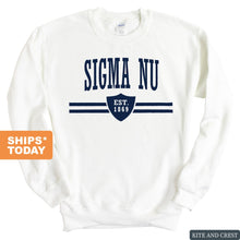 Load image into Gallery viewer, Sigma Nu Sweatshirt - Sigma Nu Striped Shield Crewneck Sweatshirt - Kite and Crest