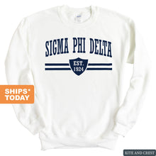 Load image into Gallery viewer, Sigma Phi Delta Striped Shield Sweatshirt - Fraternity Crewneck Sweatshirt - Kite and Crest