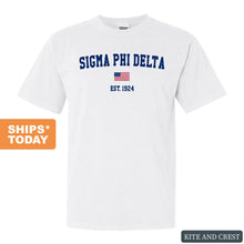 Load image into Gallery viewer, Sigma Phi Delta USA Flag Comfort Colors T-Shirt - Fraternity Tee - Kite and Crest