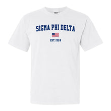 Load image into Gallery viewer, Sigma Phi Delta USA Flag Comfort Colors T-Shirt - Fraternity Tee - Kite and Crest