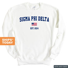 Load image into Gallery viewer, Sigma Phi Delta USA Flag Sweatshirt - Fraternity Crewneck Sweatshirt - Kite and Crest