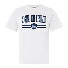 Load image into Gallery viewer, Sigma Phi Epsilon Comfort Colors T-Shirt - Sig Ep Striped Shield Shirt - Kite and Crest