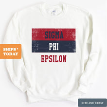 Load image into Gallery viewer, Sigma Phi Epsilon Sweatshirt - Sig Ep Colorful Stripe Crewneck Sweatshirt - Kite and Crest