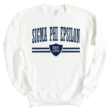 Load image into Gallery viewer, Sigma Phi Epsilon Sweatshirt - Sig Ep Striped Shield Crewneck Sweatshirt - Kite and Crest