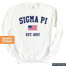 Load image into Gallery viewer, Sigma Pi Sweatshirt - Sigma Pi USA Flag Crewneck Sweatshirt - Kite and Crest