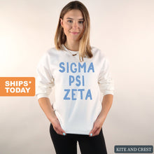Load image into Gallery viewer, Sigma Psi Zeta Blue Bubble Letters Crewneck Sweatshirt - Kite and Crest