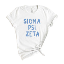 Load image into Gallery viewer, Sigma Psi Zeta Blue Bubble Letters T-shirt - Kite and Crest