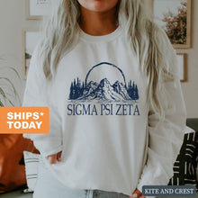 Load image into Gallery viewer, Sigma Psi Zeta Epic Mountains Crewneck Sweatshirt - Kite and Crest