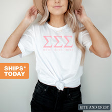 Load image into Gallery viewer, Sigma Sigma Sigma Pink Letter Sorority T-Shirt Shirt Tee - Kite and Crest