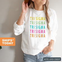 Load image into Gallery viewer, Sigma Sigma Sigma Sweatshirt - Tri Sigma Modern Stacked Crewneck Sweatshirt - Kite and Crest