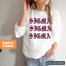 Load image into Gallery viewer, Sigma Sigma Sigma Sweatshirt | Tri Sigma Old Type Written Crewneck Sweatshirt | Sigma Sigma Sigma Sorority Gift Idea - Kite and Crest