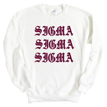 Load image into Gallery viewer, Sigma Sigma Sigma Sweatshirt | Tri Sigma Old Type Written Crewneck Sweatshirt | Sigma Sigma Sigma Sorority Gift Idea - Kite and Crest