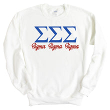Load image into Gallery viewer, Sigma Sigma Sigma Sweatshirt | Tri Sigma Red and Blue Crewneck Sweatshirt | Sigma Sigma Sigma Sorority Gift Idea - Kite and Crest