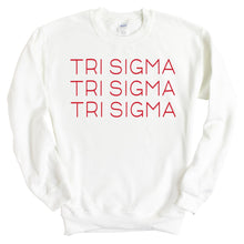 Load image into Gallery viewer, Sigma Sigma Sigma Sweatshirt | Tri Sigma Red and Stacked Crewneck Sweatshirt | Sigma Sigma Sigma Sorority Gift Idea - Kite and Crest
