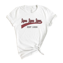 Load image into Gallery viewer, Sigma Sigma Sigma T-Shirt | Tri Sigma Baseball Shirt | Sigma Sigma Sigma Sorority Gift Idea - Kite and Crest