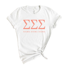Load image into Gallery viewer, Sigma Sigma Sigma T-Shirt | Tri Sigma Colored Block Letters Shirt | Sigma Sigma Sigma Sorority Gift Idea - Kite and Crest