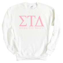 Load image into Gallery viewer, Sigma Tau Delta Classic Pink Letters Sweatshirt - Fraternity Crewneck Sweatshirt - Kite and Crest