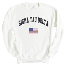 Load image into Gallery viewer, Sigma Tau Delta Traditional Flag Sweatshirt - Fraternity Crewneck Sweatshirt - Kite and Crest