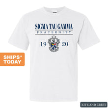 Load image into Gallery viewer, Sigma Tau Gamma Comfort Colors T-Shirt - Sig Tau Large Crest Shirt - Kite and Crest