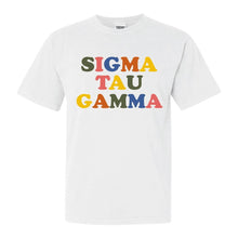 Load image into Gallery viewer, Sigma Tau Gamma Comfort Colors T-Shirt - Sig Tau Retro Letters Shirt - Kite and Crest