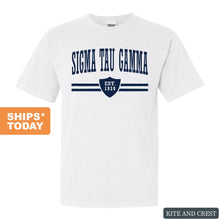 Load image into Gallery viewer, Sigma Tau Gamma Comfort Colors T-Shirt - Sig Tau Striped Shield Shirt - Kite and Crest