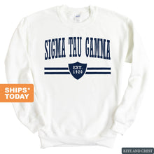 Load image into Gallery viewer, Sigma Tau Gamma Sweatshirt - Sig Tau Striped Shield Crewneck Sweatshirt - Kite and Crest