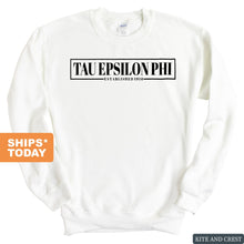 Load image into Gallery viewer, Tau Epsilon Phi Fraternal Block Sweatshirt - Fraternity Crewneck Sweatshirt - Kite and Crest