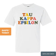 Load image into Gallery viewer, Tau Kappa Epsilon Comfort Colors T-Shirt - TKE Retro Letters Shirt - Kite and Crest