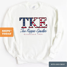 Load image into Gallery viewer, Tau Kappa Epsilon Sweatshirt - TKE American Flag Letters Crewneck Sweatshirt - Kite and Crest