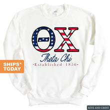Load image into Gallery viewer, Theta Chi Sweatshirt - Theta Chi American Flag Letters Crewneck Sweatshirt - Kite and Crest