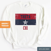 Load image into Gallery viewer, Theta Chi Sweatshirt - Theta Chi Colorful Stripe Crewneck Sweatshirt - Kite and Crest