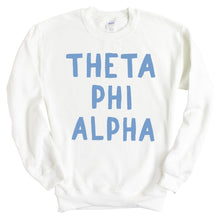 Load image into Gallery viewer, Theta Phi Alpha Blue Bubble Letter Sorority Crewneck Sweatshirt - Kite and Crest