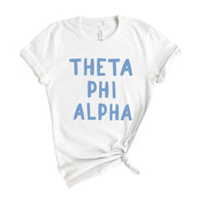 Load image into Gallery viewer, Theta Phi Alpha Blue Bubble Letter Sorority T-Shirt Shirt Tee - Kite and Crest