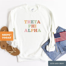 Load image into Gallery viewer, Theta Phi Alpha Bright and Colorful Sorority Crewneck Sweatshirt - Kite and Crest