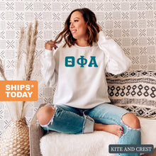 Load image into Gallery viewer, Theta Phi Alpha Sweatshirt | Theta Phi Basic Large Letters Crewneck Sweatshirt | Theta Phi Alpha Sorority Gift Idea - Kite and Crest