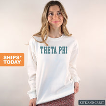 Load image into Gallery viewer, Theta Phi Alpha Sweatshirt - Theta Phi Blue Retro Crewneck Sweatshirt - Kite and Crest