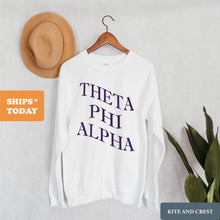 Load image into Gallery viewer, Theta Phi Alpha Sweatshirt | Theta Phi Large and Wavy Letters Crewneck Sweatshirt | Theta Phi Alpha Sorority Gift Idea - Kite and Crest