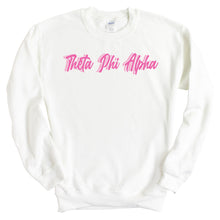 Load image into Gallery viewer, Theta Phi Alpha Sweatshirt | Theta Phi Neon Pink Colored Crewneck Sweatshirt | Theta Phi Alpha Sorority Gift Idea - Kite and Crest