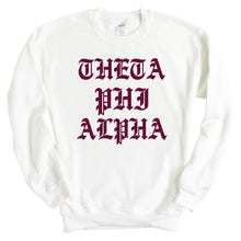 Load image into Gallery viewer, Theta Phi Alpha Sweatshirt | Theta Phi Old Type Written Crewneck Sweatshirt | Theta Phi Alpha Sorority Gift Idea - Kite and Crest